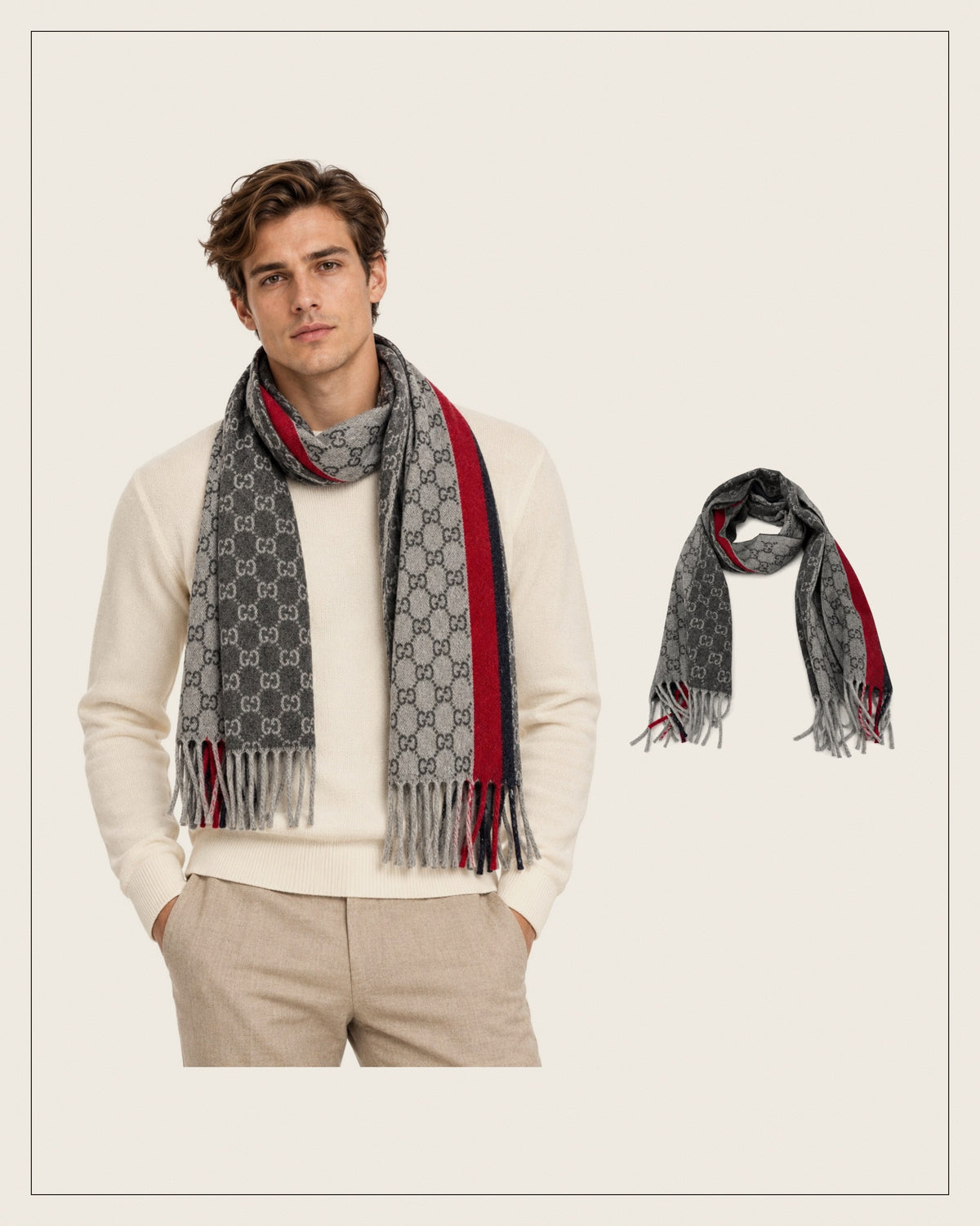 GG Cashmere Scarf – Grey & Red