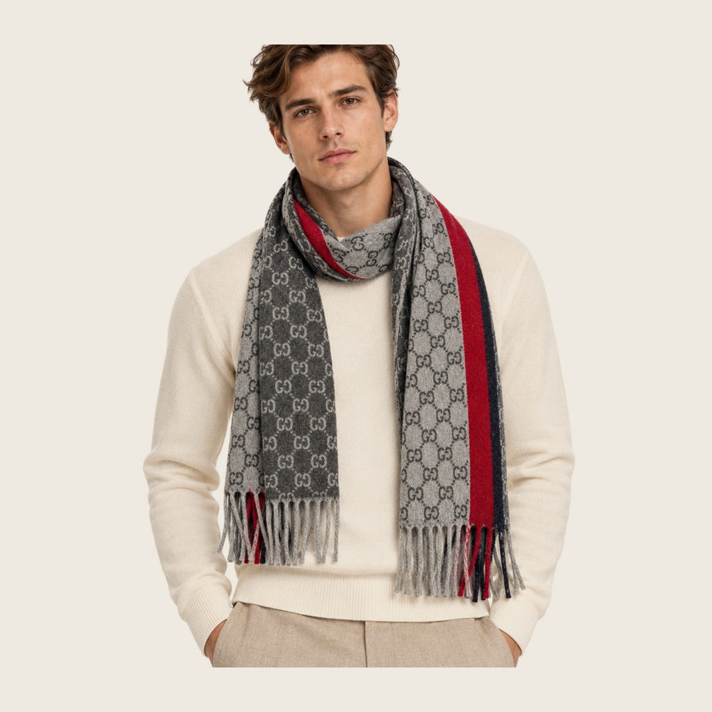 GG Cashmere Scarf – Grey & Red