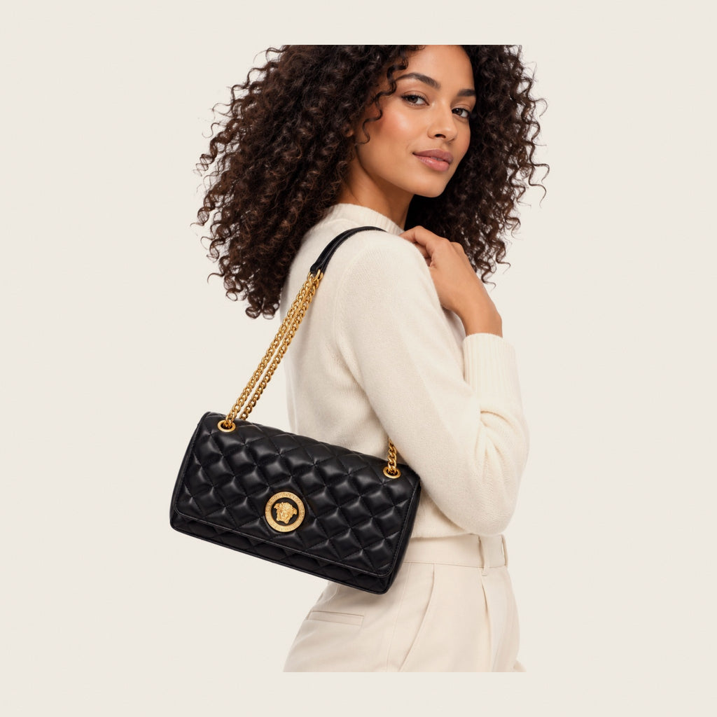 Quilted Medusa Shoulder Bag – Black