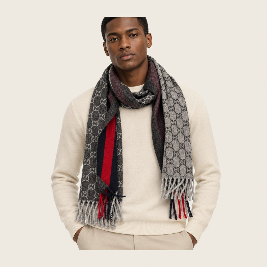 Écharpe GG en cachemire – Gris anthracite et bleu marine